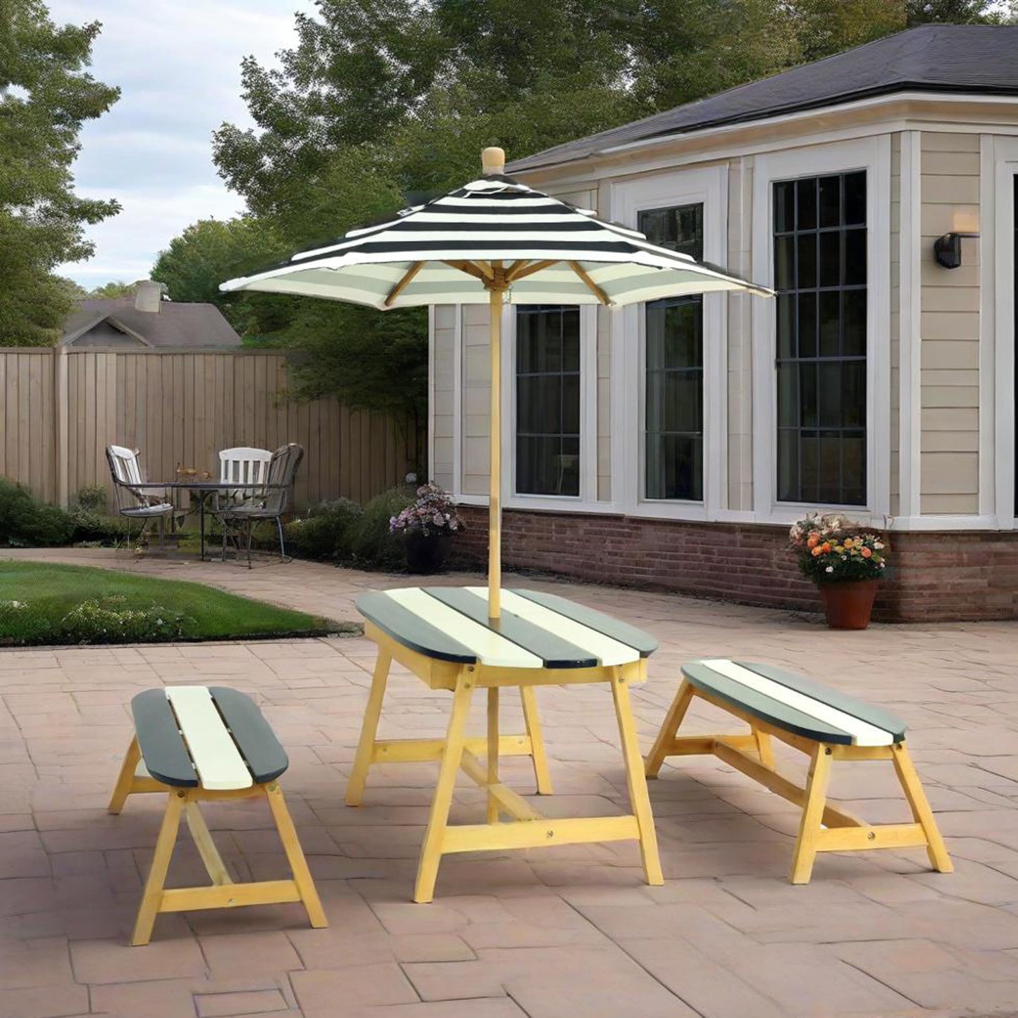 shifmall Naturally Playful Kids Picnic Table with Umbrella, Indoor/Outdoor Fun, Dark Blue Poplar Wood
