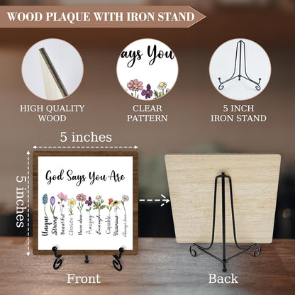 Christian Desk Decor, God Says You Are Wooden Sign with Iron Stand, Bible Verse Gifts for Women Friends