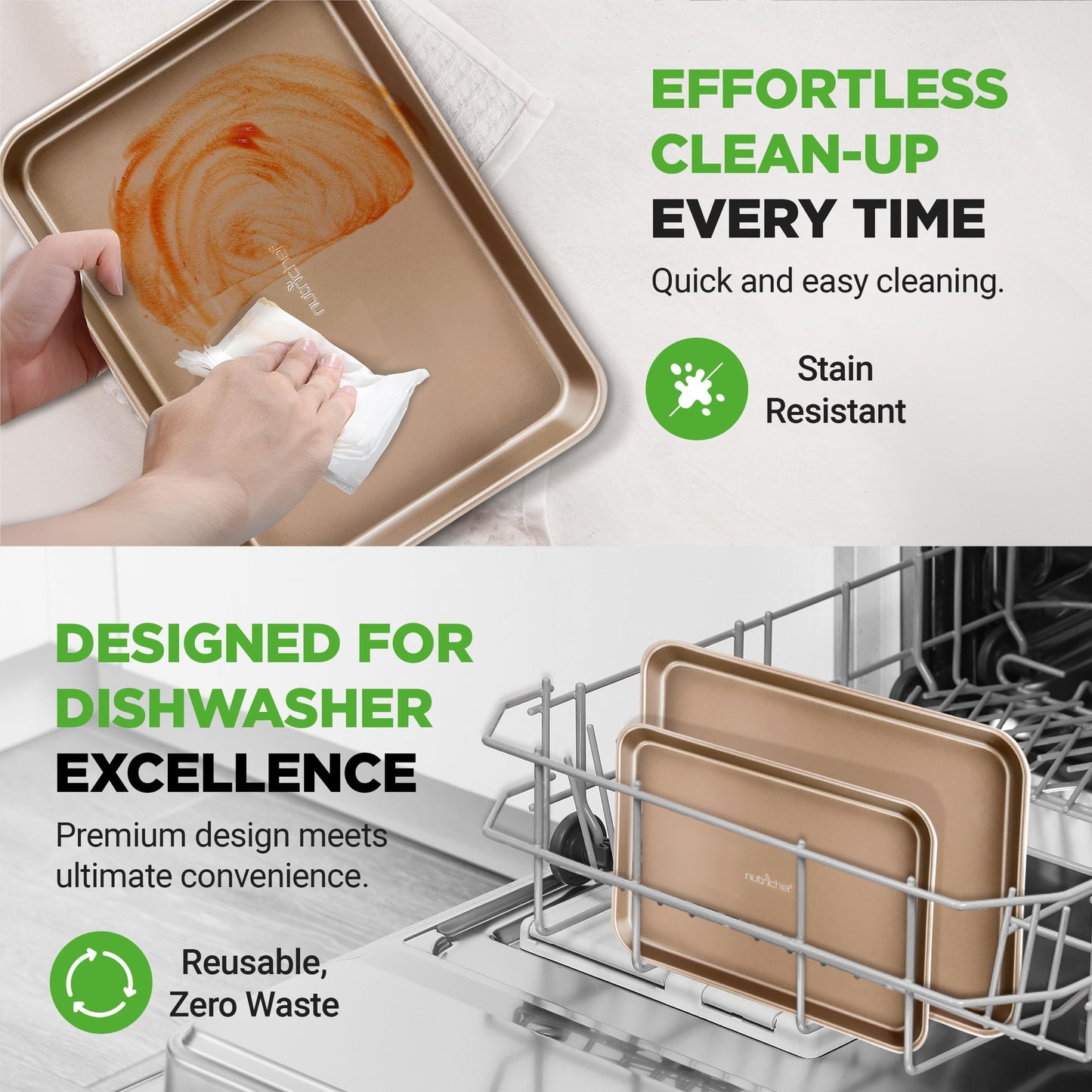NutriChef 2-Piece Nonstick Stackable Cookie Sheet Set – Non-Toxic Carbon Steel Baking Pans – Heavy Duty, Warp-Resistant, Easy to Clean, Oven & Dishwasher Safe Bakeware