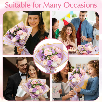 Ovveroche DIY Purple Flower Bouquet Set Artificial Preserved Roses with Eucalyptus Lavender White Roses Perfect for Wedding Birthday Valentine's Day Party Decoration