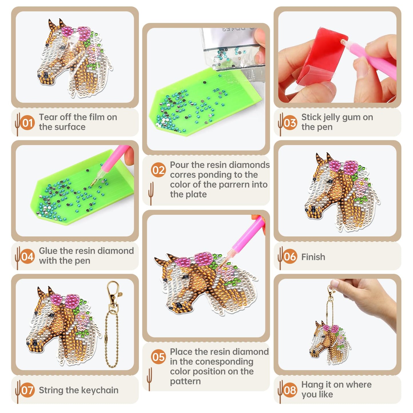 Keluna Diamond Art Horse Keychains - 12 Pcs Diamond Painting Keychains Kits, Western Cowboy Watercolor Flower Horse, DIY Key Chain Crafts Art Kits for Adult
