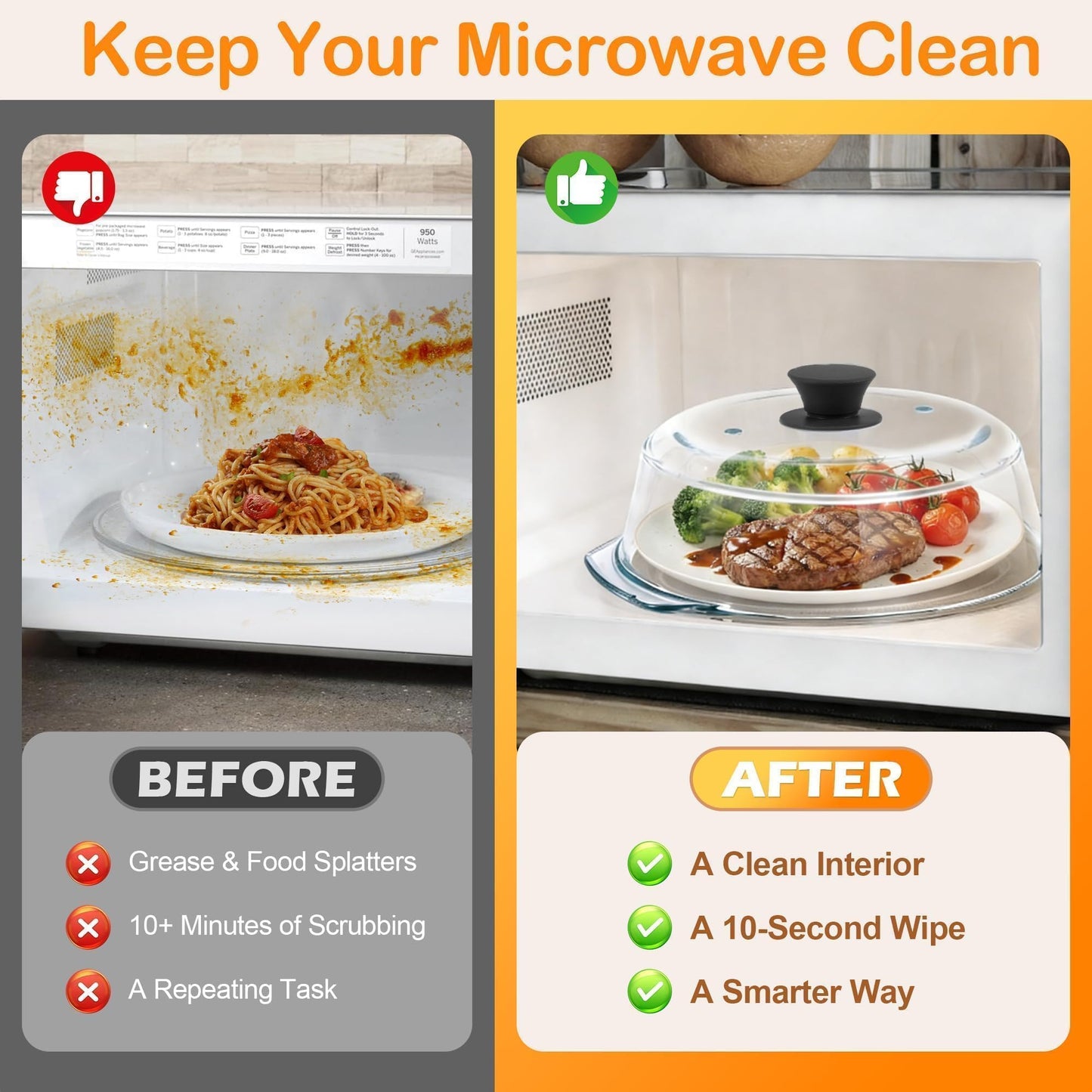 Glass Microwave Splatter Cover for Food with Microwave Place Mat - Sturdy Plate Guard Lid with Vent Holes and Easy-Grip Silicone Handle - BPA Free, Dishwasher Safe (Black)