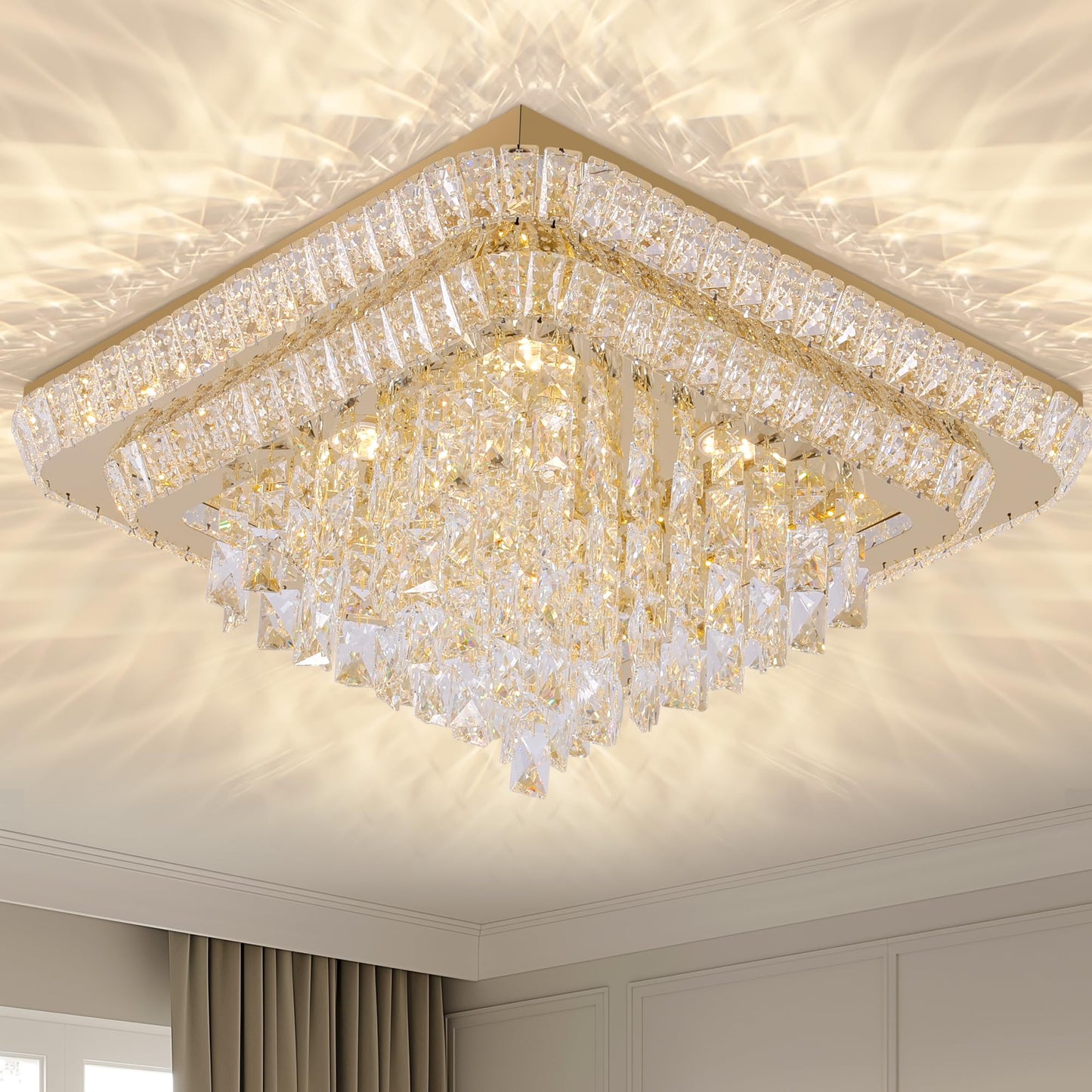 Miuyhji Elegant LED Crystal Raindrop Ceiling Light,24 Inch Square Gold Flush Mount Chandelier Light Fixture,Remote/APP, for Living Room Kitchen Dining Room Bedroom Hallway Entryway Foyer (Dimmable)