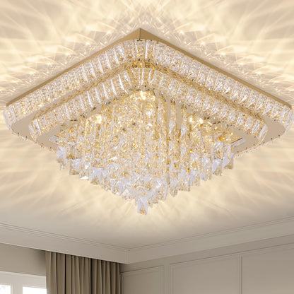 Miuyhji Elegant LED Crystal Raindrop Ceiling Light,24 Inch Square Gold Flush Mount Chandelier Light Fixture,Remote/APP, for Living Room Kitchen Dining Room Bedroom Hallway Entryway Foyer (Dimmable)