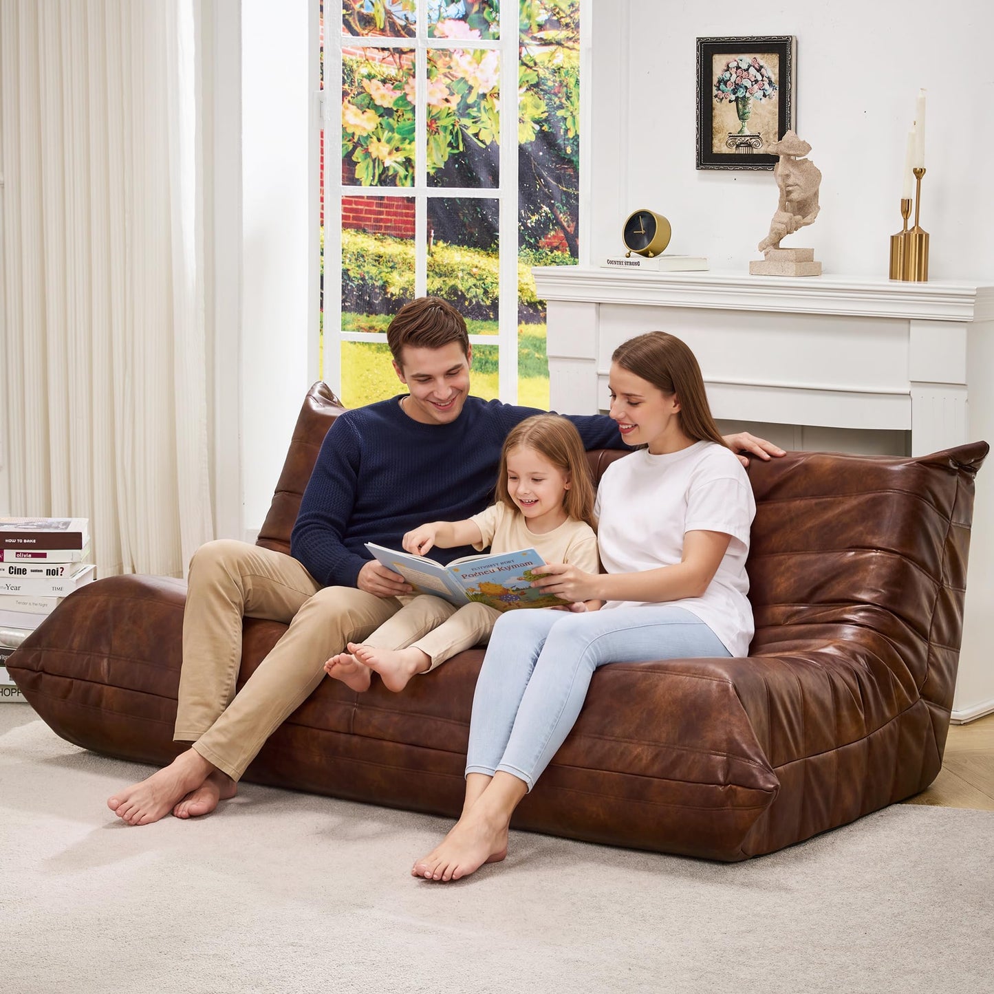 Hobestluk Bean Bag Chair Giant Bean Bag Sofa 3 Seater Bean Bag Chairs for Adults, Loveseat Floor Chair, Leather Bean Bag Chairs for Living Room Bedroom Office (Brown, 3-Seater)