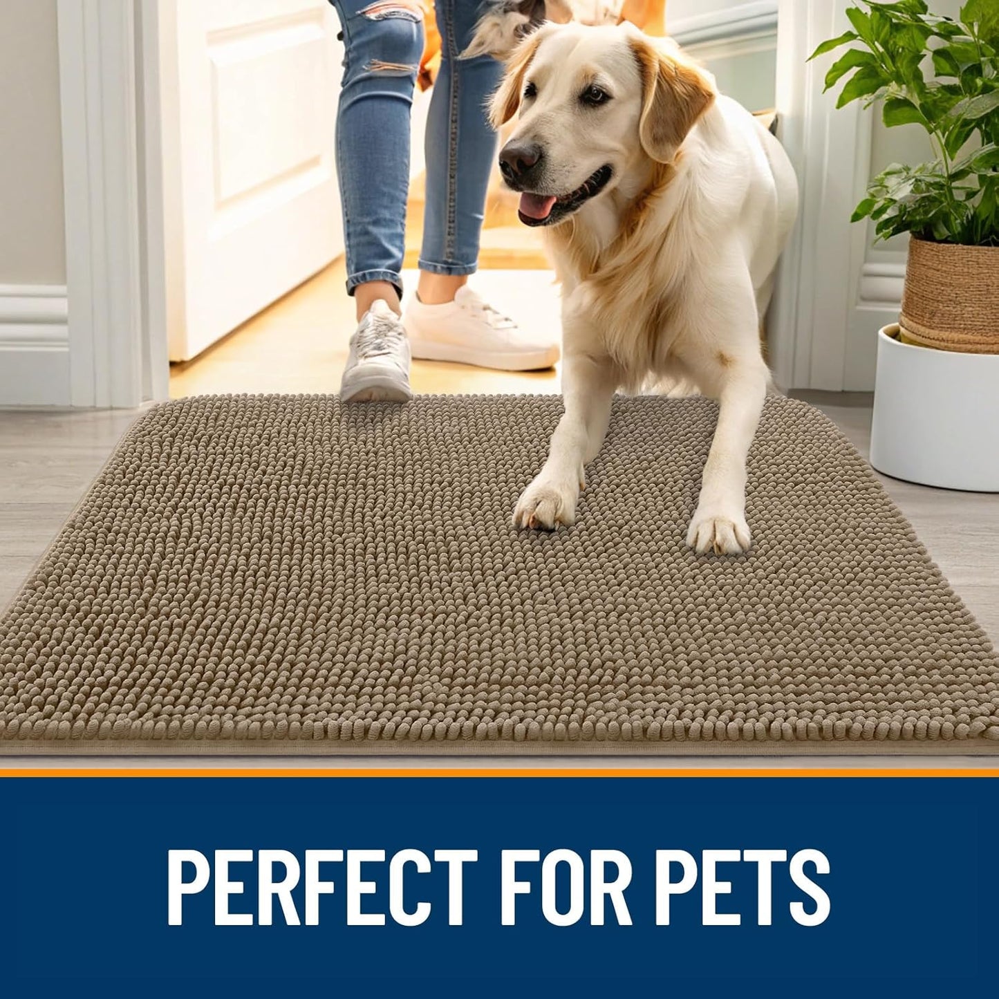 OLANLY Dog Door Mat - Absorbent Non-Slip Chenille for Muddy Paws | 44x24 Tan Indoor Entryway Carpet