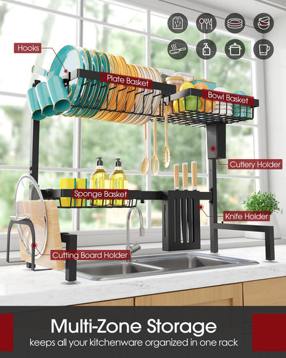 Sakugi Over The Sink Dish Drying Rack - Adjustable 2 Tier Large Capacity Stainless Steel Drainer with Cutlery & Utensil Holders, Kitchen Storage & Organization, 30"-33.9" L x 11" W x 21.5" H, Black