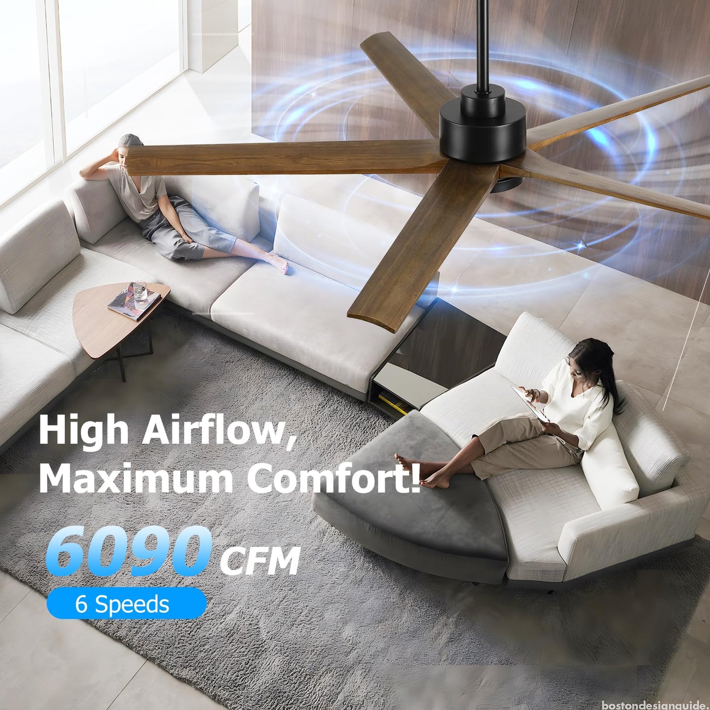 60 Inch Ceiling Fan with Lights, Outdoor Wood Silent Ceiling Fans, Modern High CFM Farmhouse Ceiling Fans, Quiet Reversible DC Motor, 5 Blades 6 Speed for Bedroom Living Room Exterior Patios