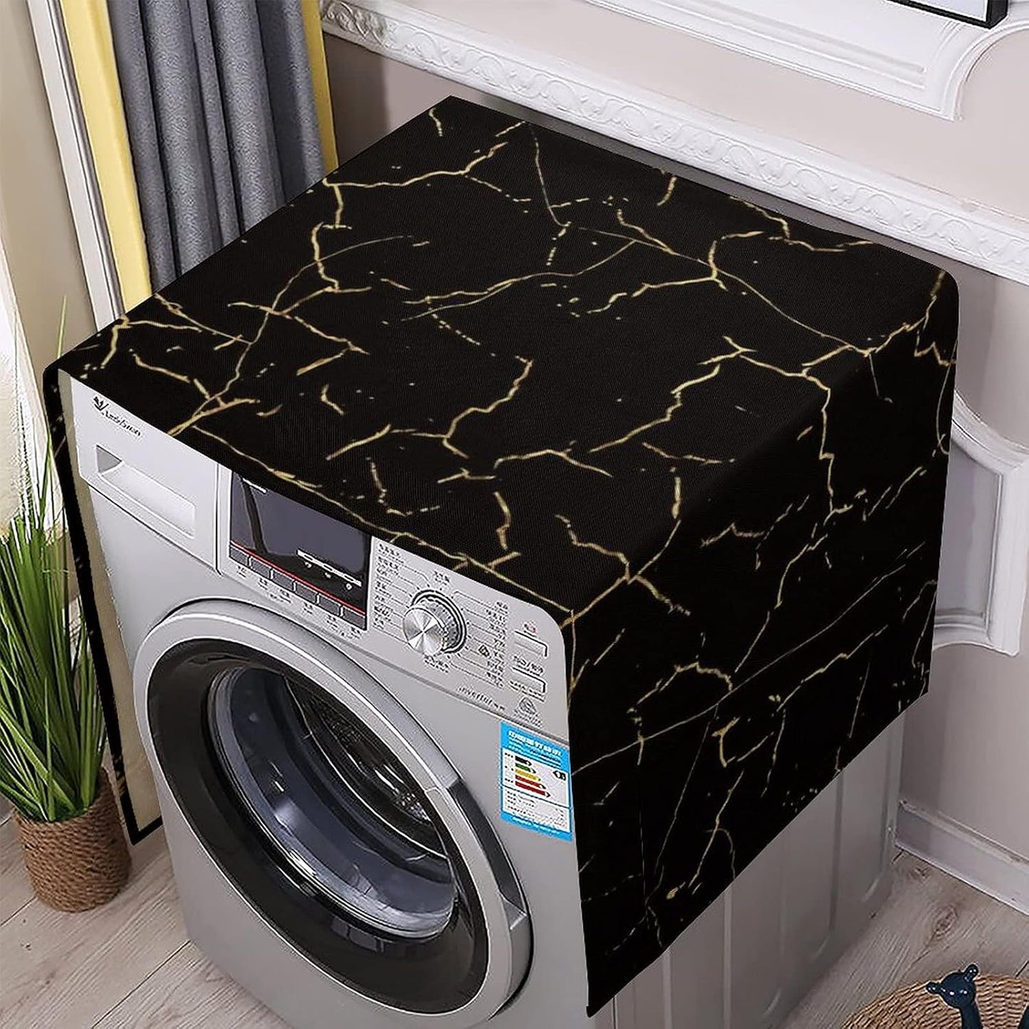 Black Marble Pattern Washing Machine Dryer Top Cover, Dust-Proof Refrigerator Cover with Storage Pockets, Kitchen