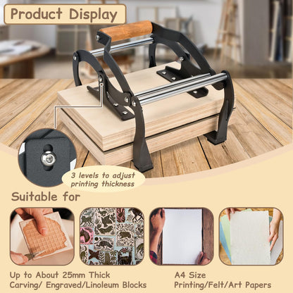 TOPOWN Linocut Printing Hand Lever Press Machine, Linocut Press Machine, Manual Hand Lever Printing Press for Linoleum Blocks with Felt Pad(fit up to 25mm Thick Blocks, A4, Black)