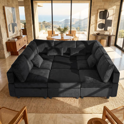 Vesgantti Modular Sofa Bed with Storage, 92" Sleeper Sofas with 9 Seats Storage Chaises Removable Cover, Luxury Large Velvet Sectional Couch Set for Living Room, Apartment, Home Theater, Black