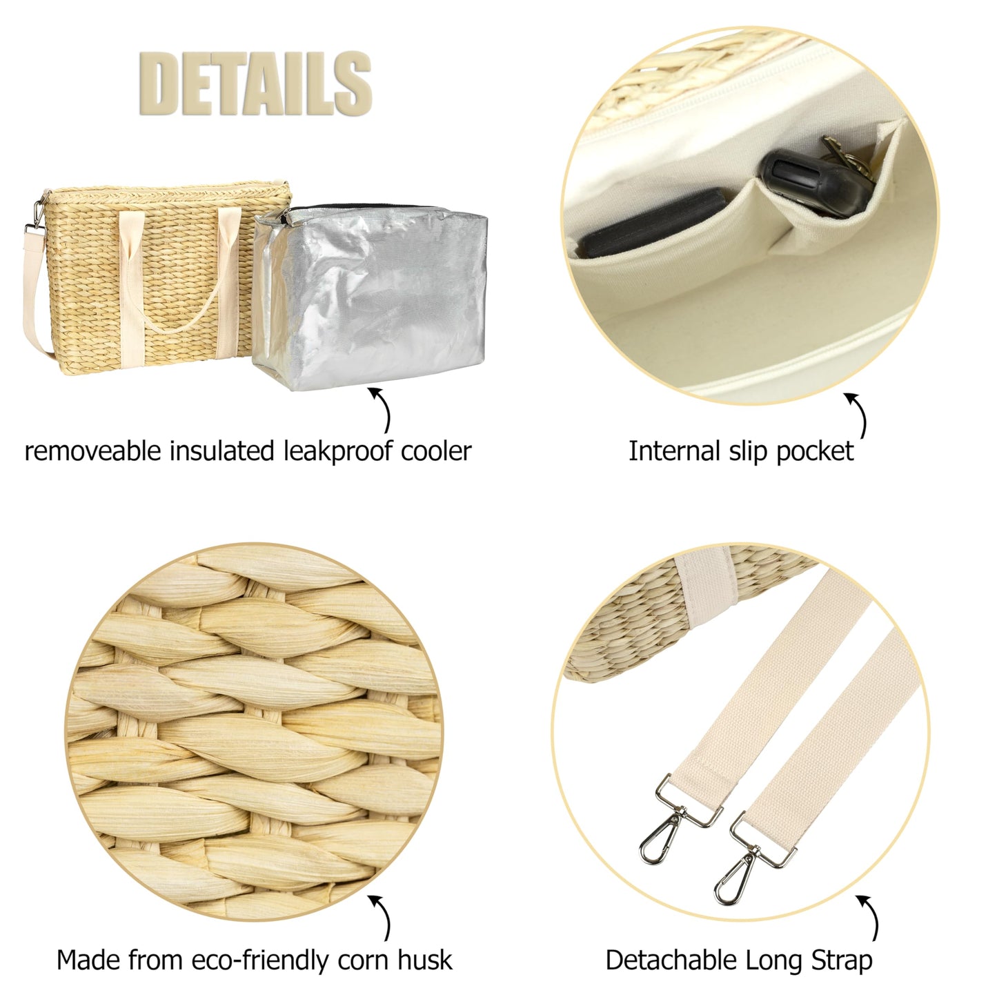 Daytani Insulated Beach Cooler Bag, Leak Proof, Premium Quality Corn Husk, Beach Bag, Pool Bag, Tote Bag, Straw, Rattan, Gifts for Women, Picnic Basket, Wedding Gifts, Lunch