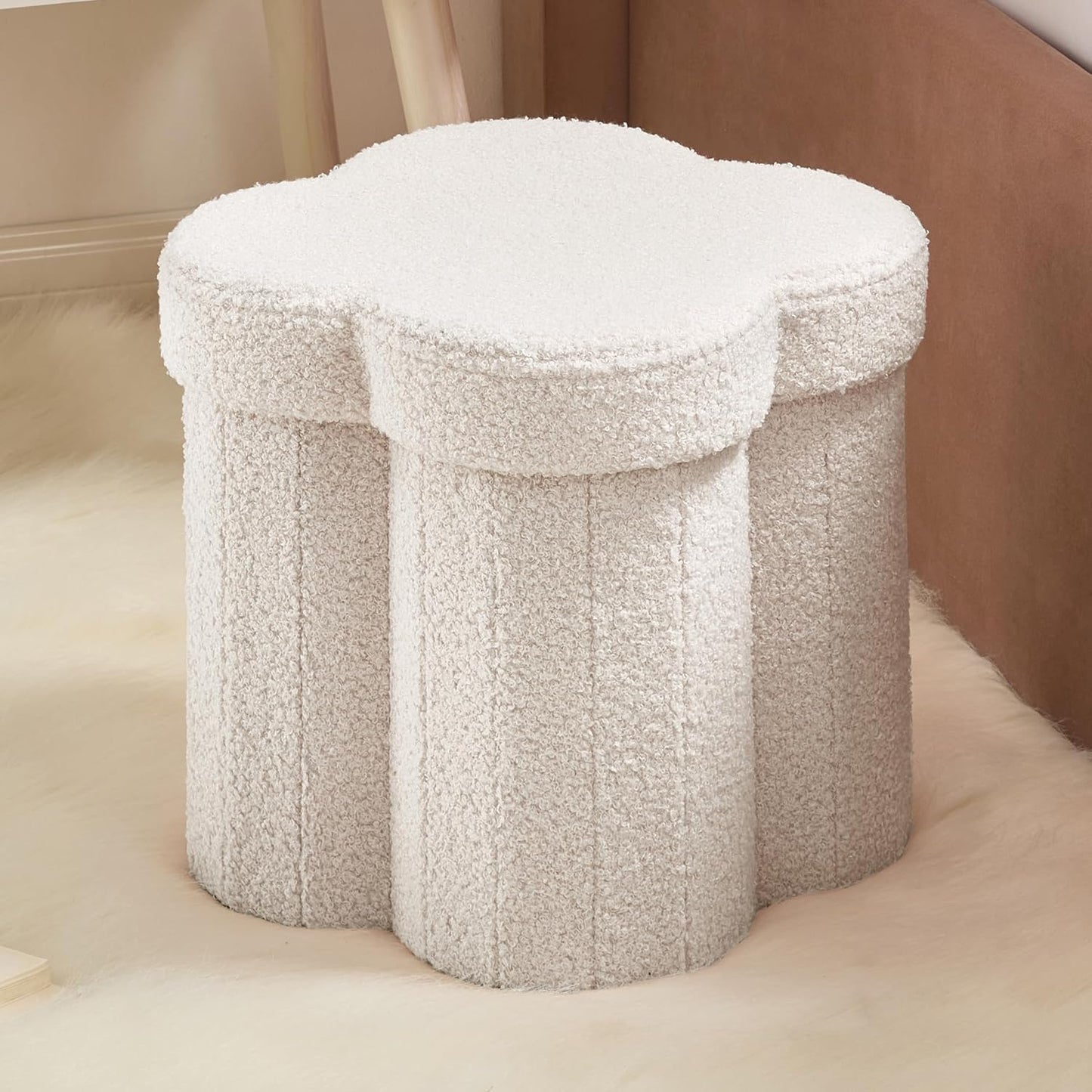 12" Inch Ornavo Home White Boucle Storage Ottoman Cube Flower-Shaped Footstool with Hidden Storage, Faux Teddy Fur Foot