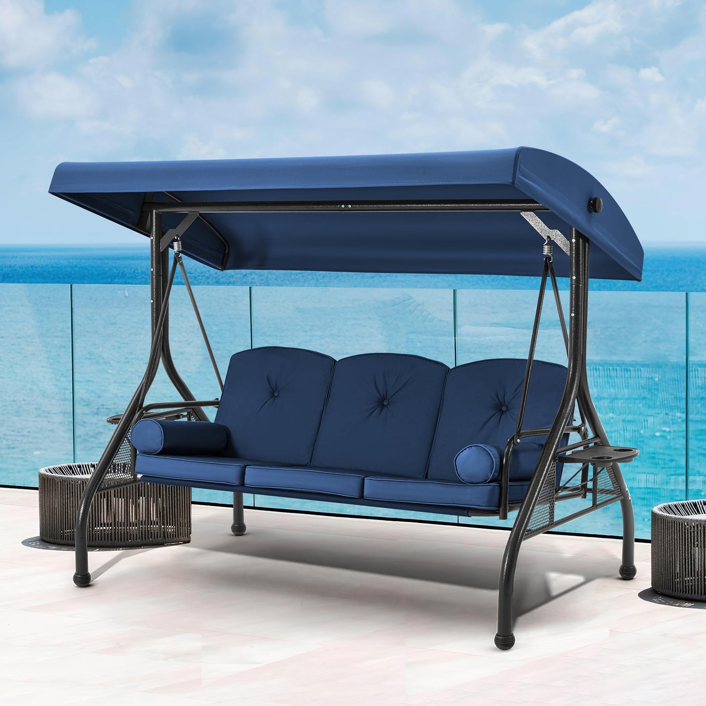 HOMREST 3 Seat Outdoor Porch Swing with Adjustable Canopy, Convertible Patio Swing Bed with Stand, Patio Glider Swing with Upgraded Cup Holder, Thicken Cushions ＆ Pillow for Backyard(Blue)