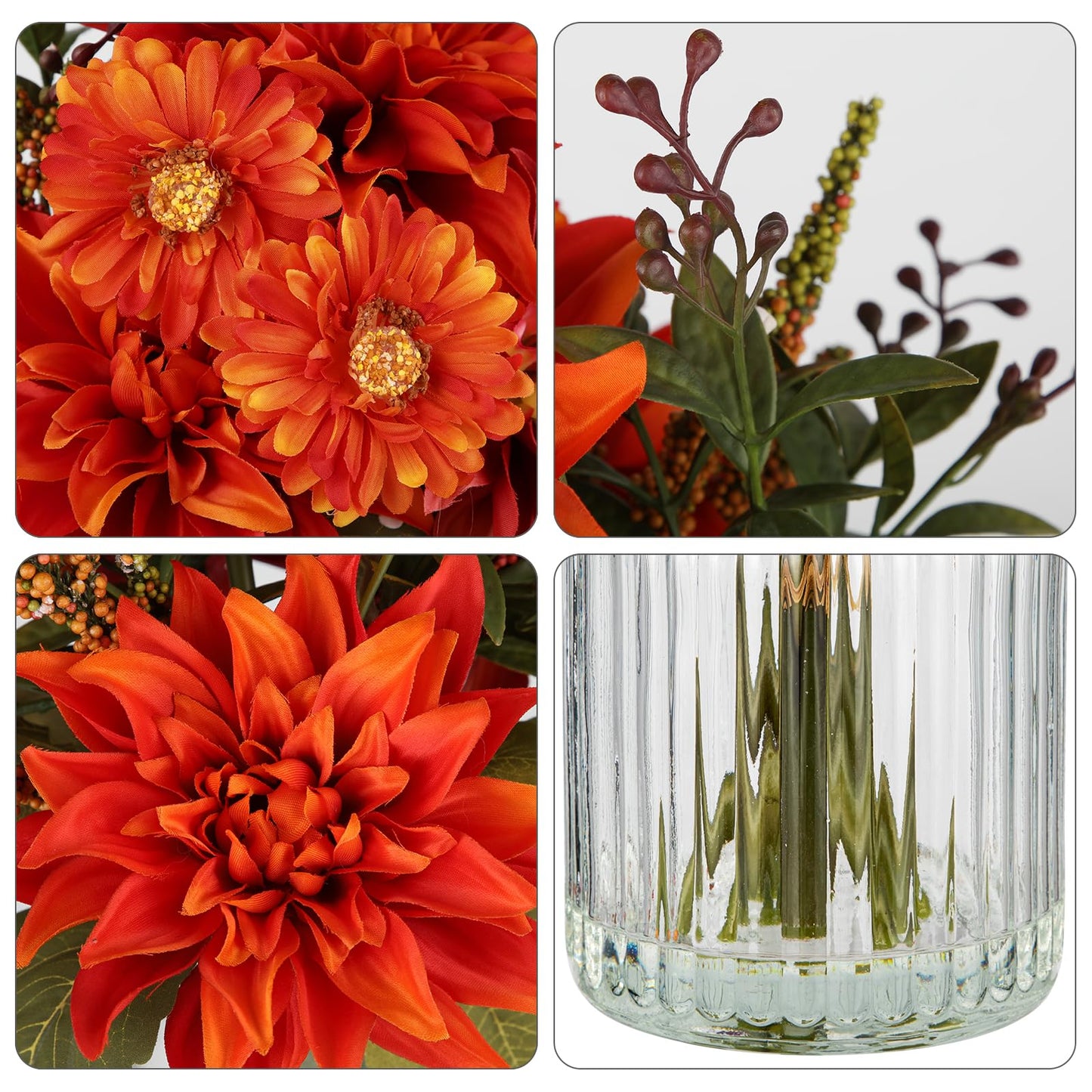 Briful Fake Fall Flowers with Vase, Artificial Dahlia & Mum Silk Floral Arrangement with Glass Vase Faux Autumn Flowers Bouquet for Home Office Room Coffee Table Centerpiece Wedding Decoration