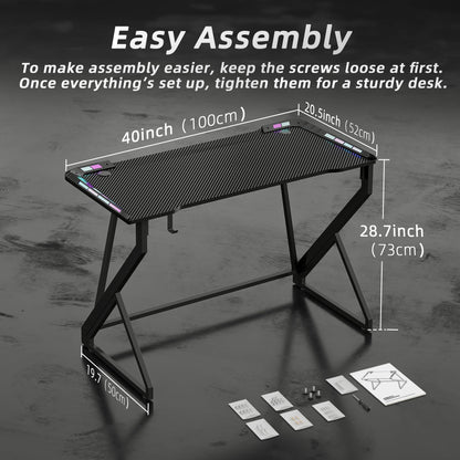 TIQLAB Gaming Desk with LED Lights, 40 Inch Computer Desk Z Shaped Gamer Workstation, Gaming Table with Carbon Fiber Surface, PC Gamer Desk, Black