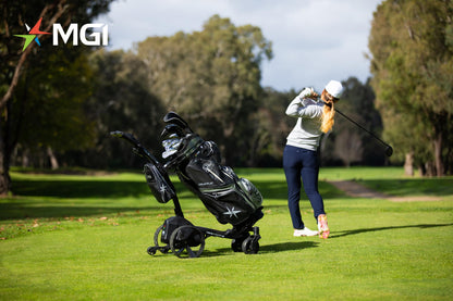 MGI Zip Navigator All Terrain Electric Golf Cart with Seat Attachment | Full Directional Remote Controlled Motorized Golf Push Cart with Accessories and Signature Series Golf Towel | Plays 36 Holes