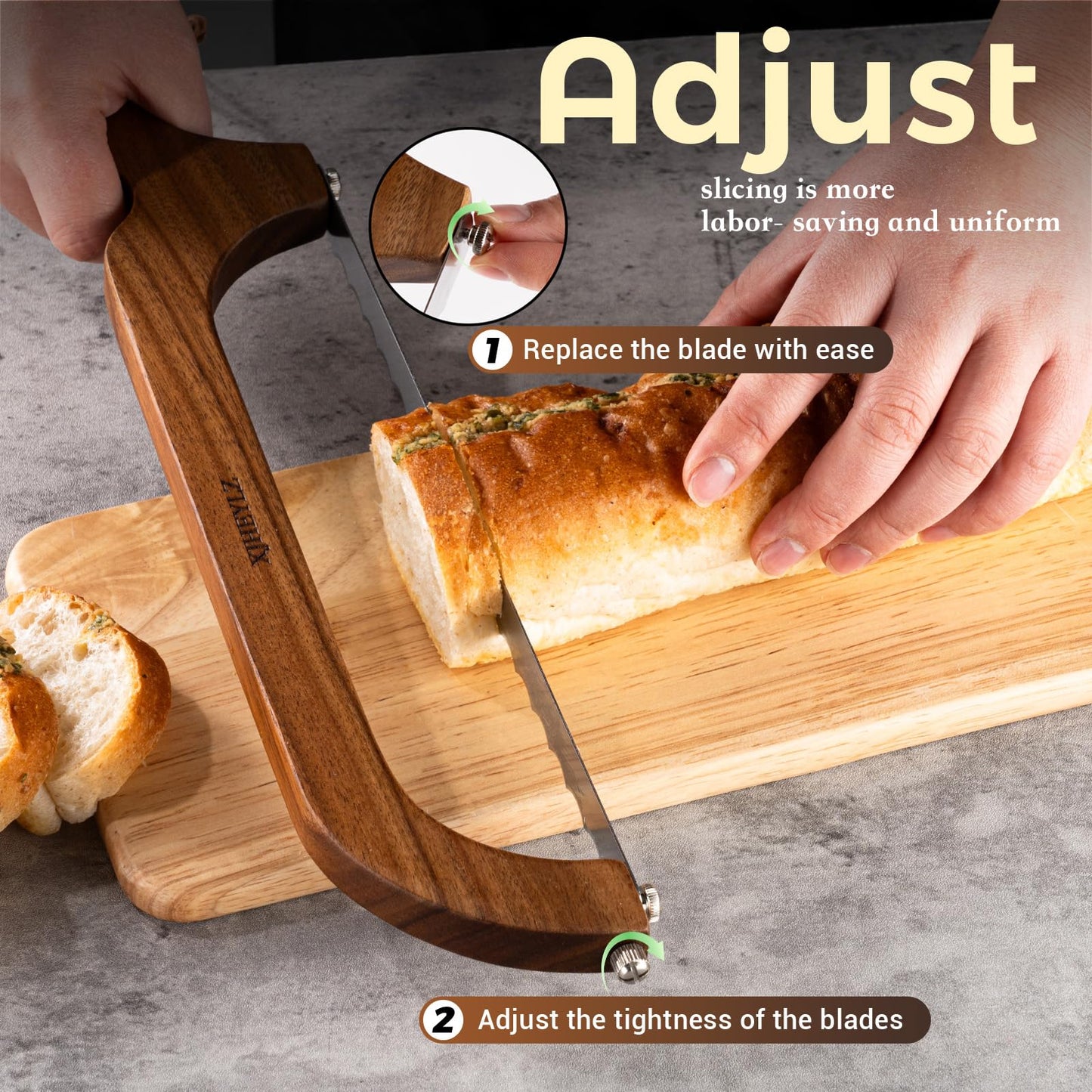 XJHEYLZ Sourdough bread knife,Bread Slicer for Homemade Bread,Adjustable blade tightness for Even Slicing, Serrated knife,Wooden Bread cutter with Bow Design (3, brown)