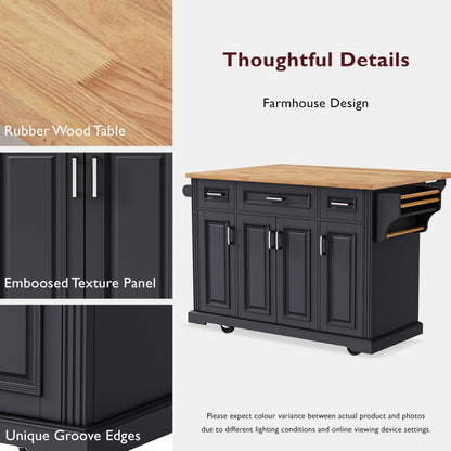 Ball & Cast Large Kitchen Island with Rubber Wood Drop Leaf,Embossed Texture Rolling Kitchen Cart On 4 Wheels W/4 Doors & 3 Drawers,Mobile Kitchen Islands W/ Storage for Kitchen,Dining Room,Black,54"