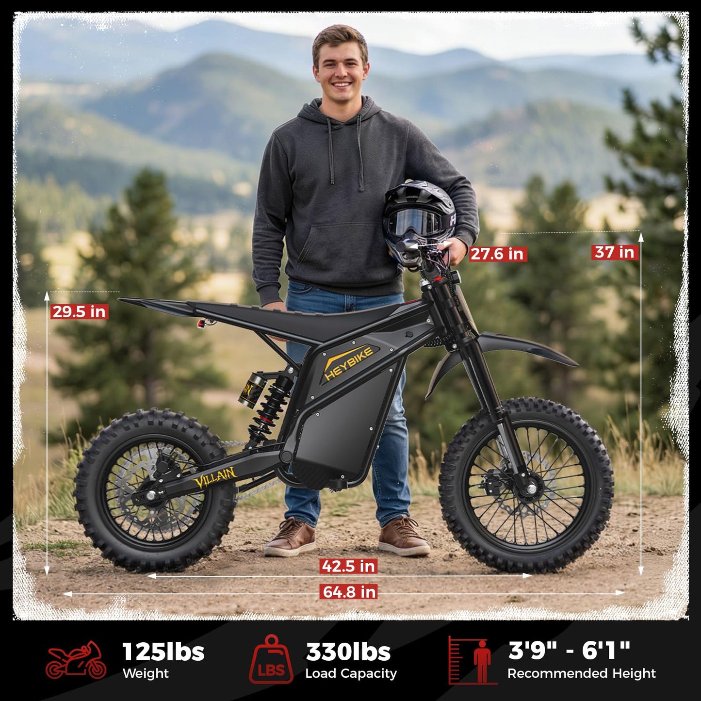 Heybike Villain Dirtbike, 14" Fat Motorcycle for Teens, Fit Age 13+（Set of 2; Dark+Yellow）
