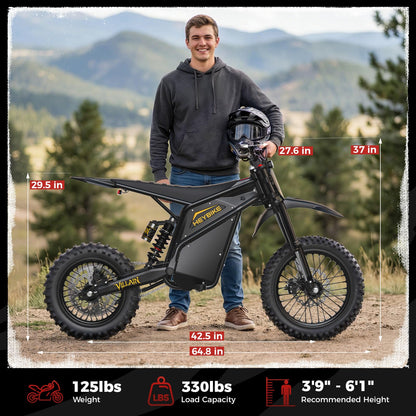 Heybike Villain Electric Dirt Bike, 4160W E Dirt Bike with 52V 26AH Battery, 14"/12" Fat Tire Electric Motorcycle for Teens, Max 45MPH Ebike with Reversing Function（Standard; Inky Black）