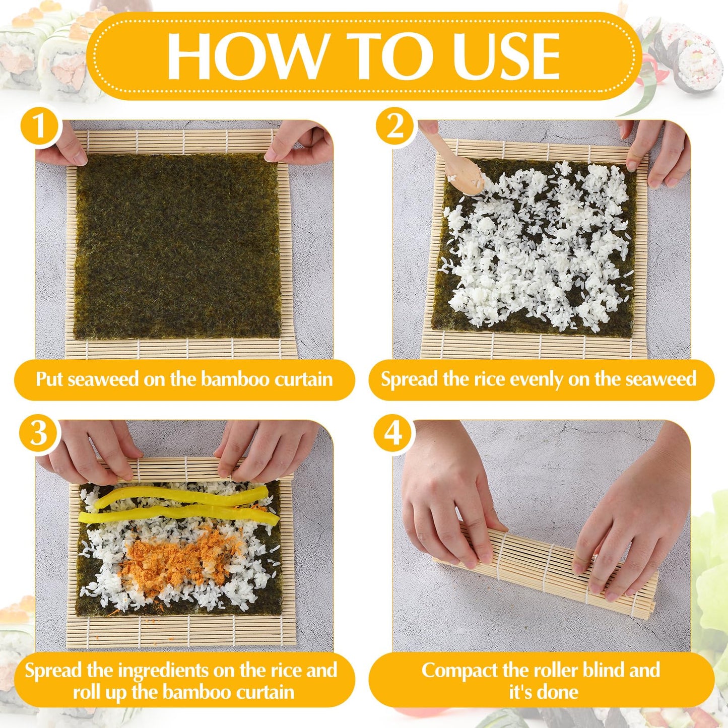 Hoolerry 12 Pcs Sushi Mat Bulk Bamboo Sushi Making Roller Non Stick Square Rolling Mat for Home Party Supplies, 9.5" x 9.5"