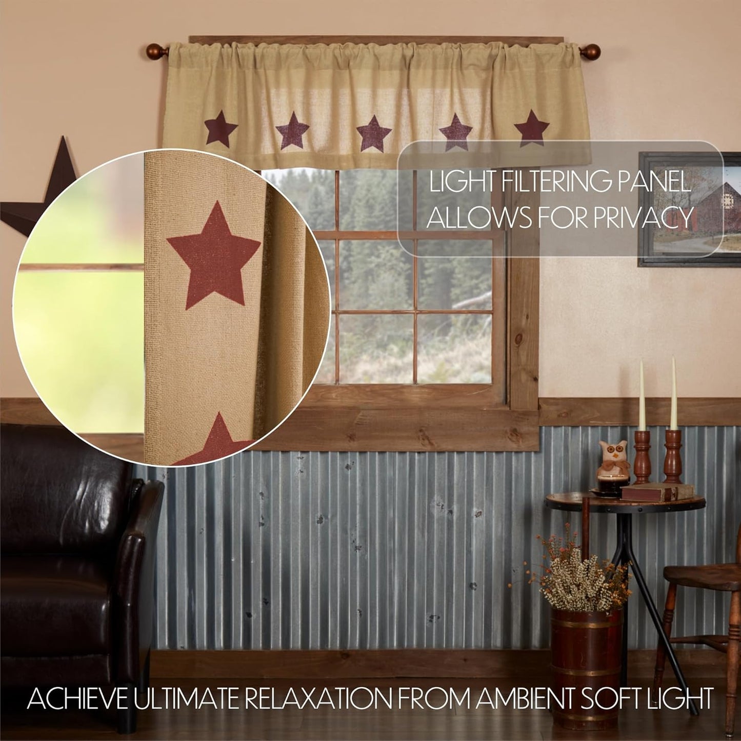 Burlap Natural with Burgundy Stars Primitive 16"x72" Valance, Stenciled Cotton Kitchen Window Curtains