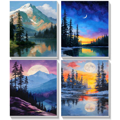 TOSTOG Landscape Nightscapes 4 Pack Framed Canvas Paint by Numbers Art Kit for Adults and Kids, Beginner Acrylic Oil Painting Supplies with Wooden Frame for Home Wall Decor 20 * 25 cm/8 * 10 in