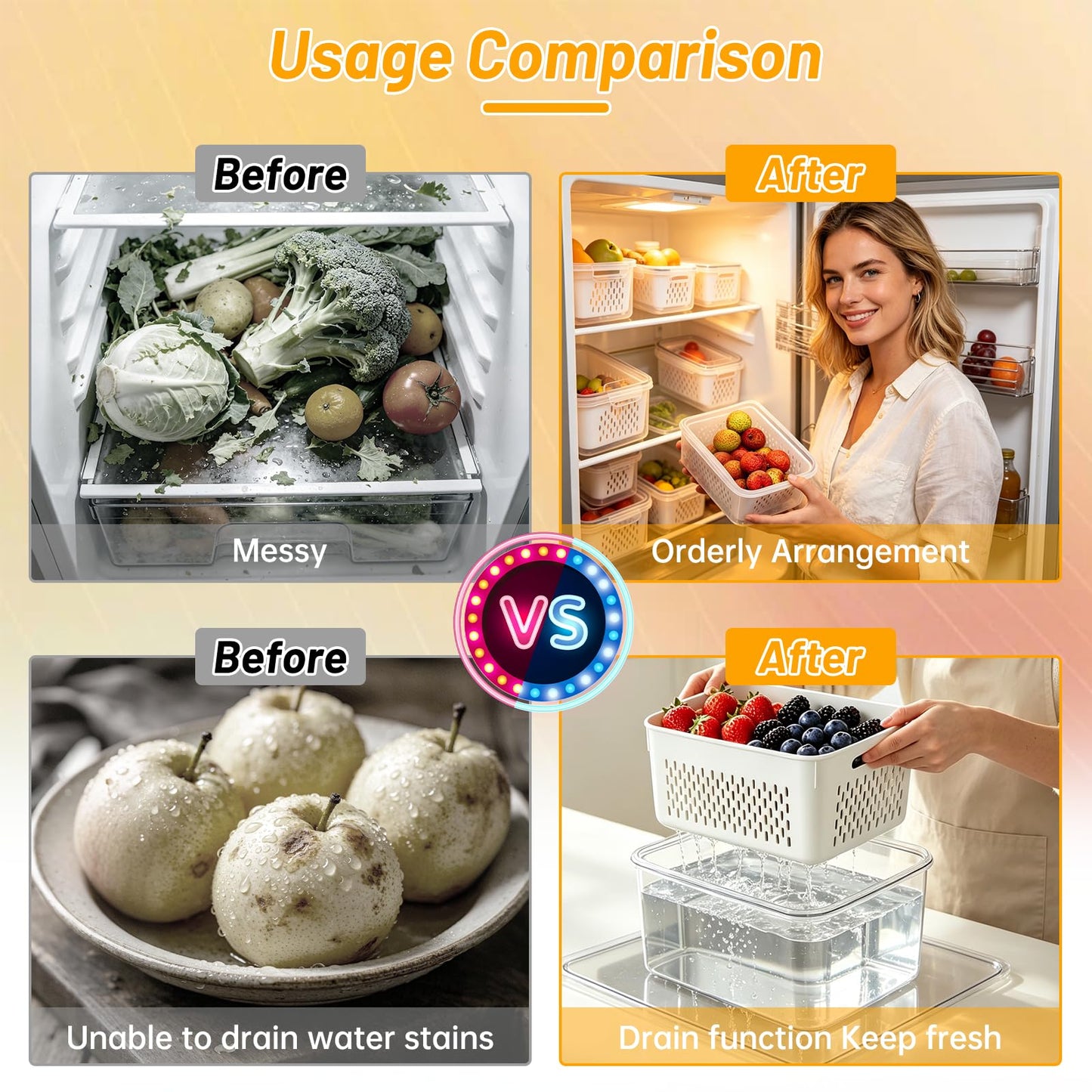 IKKAB 3 Pack Fruit Storage Containers for Fridge with Removable Colander, Airtight Produce Storage Containers for Fridge, 4-in-1 Fruit and Vegetable Storage, Berry Keeper, Stackable Veggie Containers