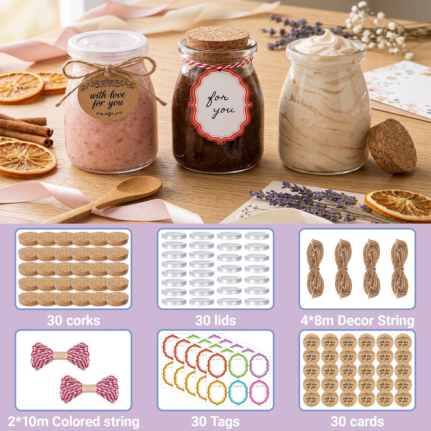 30 Pack 7oz Glass Jars with Cork Lids & PE Lids, Yogurt & Candle Jars for Making Candles, Small Mason Jars for Spices, Candy, Bath Salts, Wedding, Party & Baby Shower Favors