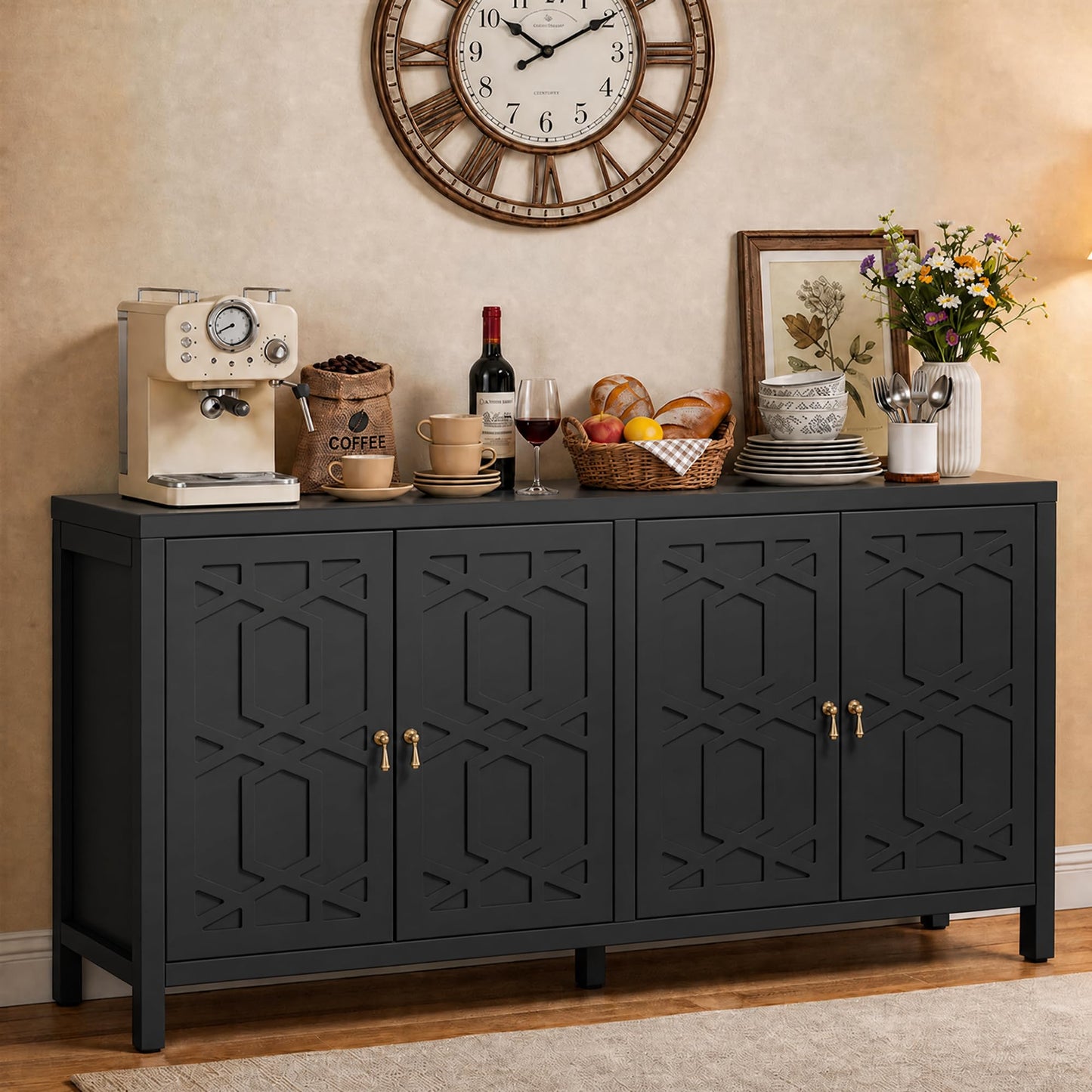 RoyalCraft Buffet Cabinet with Storage, 60" W Modern Coffee Bar Sideboard with 4 Doors & Adjustable Shelves, Painted Wooden Credenza for Dining Room, Kitchen, Living Room, Entryway, Black