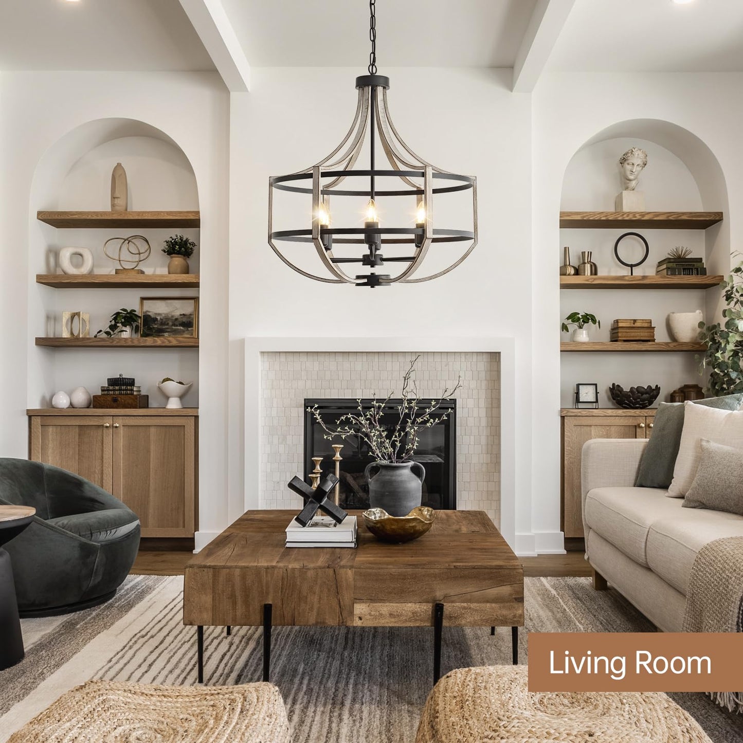 23.6" Farmhouse Chandelier for Dining Room, 6-Light Distressed White Faux Wood Pendant Light Fixtures, Antique Vintage Foyer Chandelier for Entryway Kitchen Island Living Room