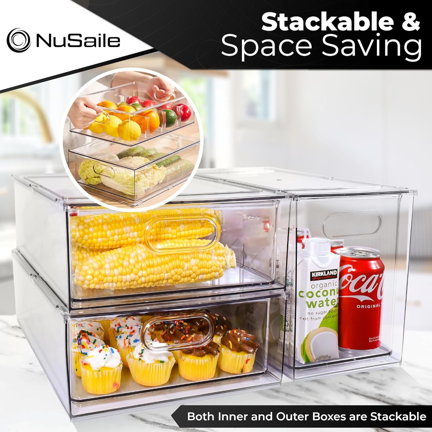 Stackable Refrigerator Organizer Bins - Pull Out Drawers with Handles for Vegetable and Fruit Storage, 3 Liter Plastic