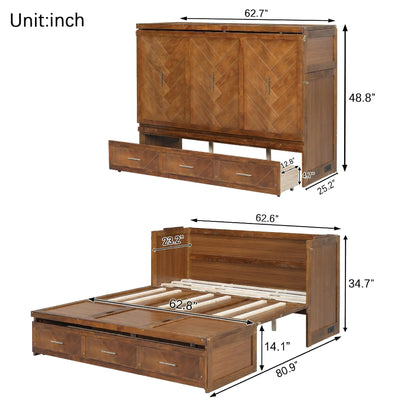 KEIKI Queen Murphy Bed Cabinet with Charging Station & Geometrical Panel, Pine Wood Hideaway Bed Frame with Large 3-Compartment Drawer, 2-in-1 Space-Saving Convertible for Guest Bedroom Studio Walnut