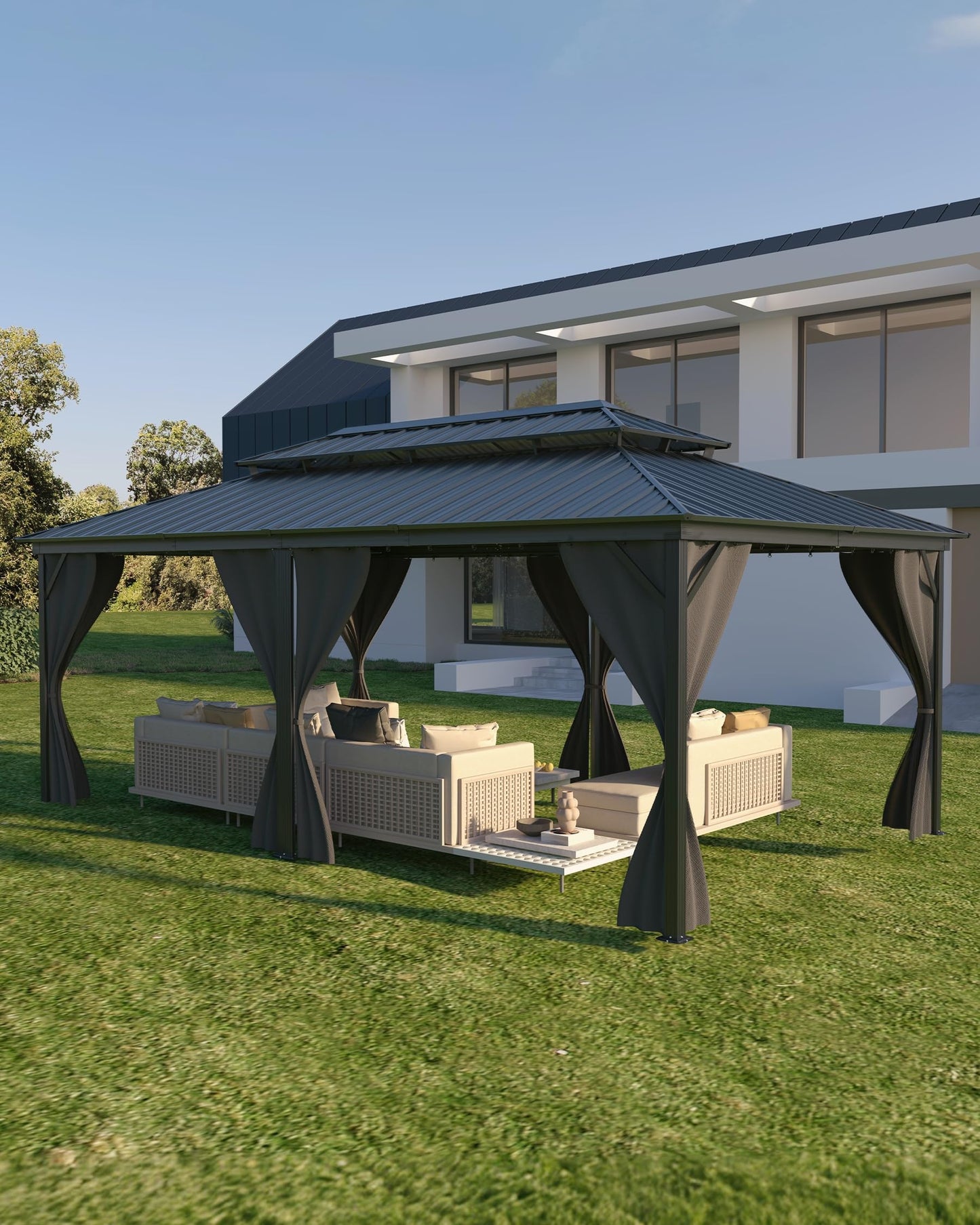 GarveeLife Outdoor Gazebo 12x18 Hardtop, Pergolas and Gazebos Clearance, Aluminum Frame Pavilion with Double Roof, Canopy Tent, Mosquito Netting & Privacy Curtains for Patio, Garden, Deck