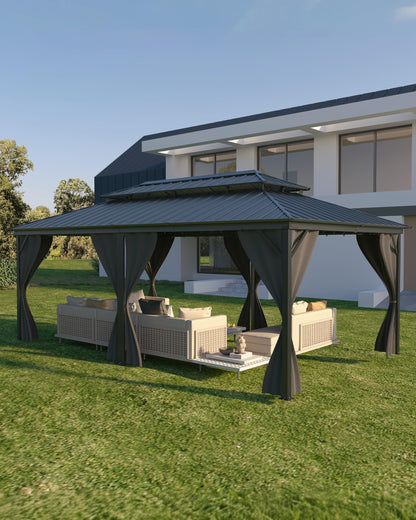 GarveeLife Outdoor Gazebo 12x18 Hardtop, Pergolas and Gazebos Clearance, Aluminum Frame Pavilion with Double Roof, Canopy Tent, Mosquito Netting & Privacy Curtains for Patio, Garden, Deck