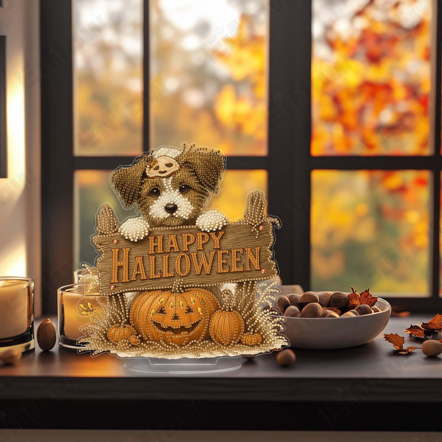 Eiflow Desktop Diamond Art Kit for Adults Happy Halloween, DIY Tabletop Diamond Art Painting with Stand, Acrylic Stand Up Gem Painting Board Kit(Dog and Pumpkin)