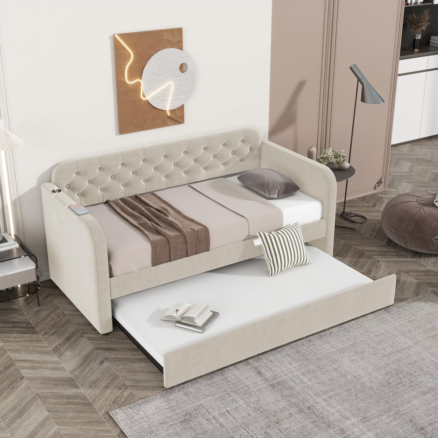 KEIKI Twin Upholstered Daybed with Trundle & USB Charging, Plush Velvet Button-Tufted Headboard Twin Bed Frame with Wood Slats, Sofa Bed for Living Room or Bedroom, Light Beige