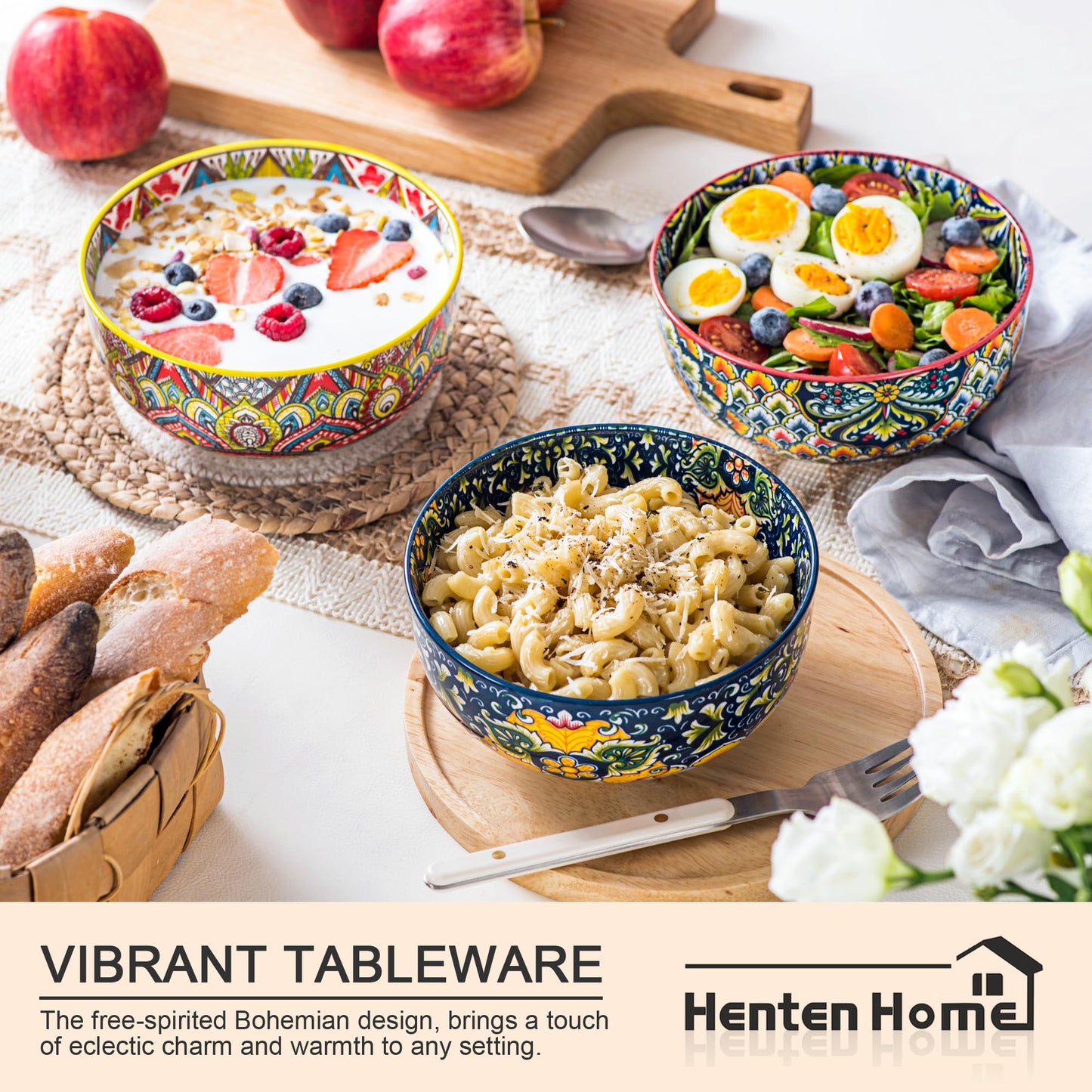 Henten Home Ceramic 28 oz Soup Bowls, Boho Style Cereal Bowl Set, Colorful Serving Bowls for Salad, Pasta, Rice, Set of 6, Dishwasher & Microwave Safe