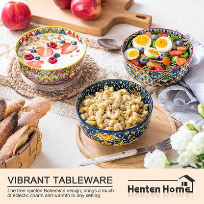 Henten Home Ceramic 28 oz Soup Bowls, Boho Style Cereal Bowl Set, Colorful Serving Bowls for Salad, Pasta, Rice, Set of 6, Dishwasher & Microwave Safe