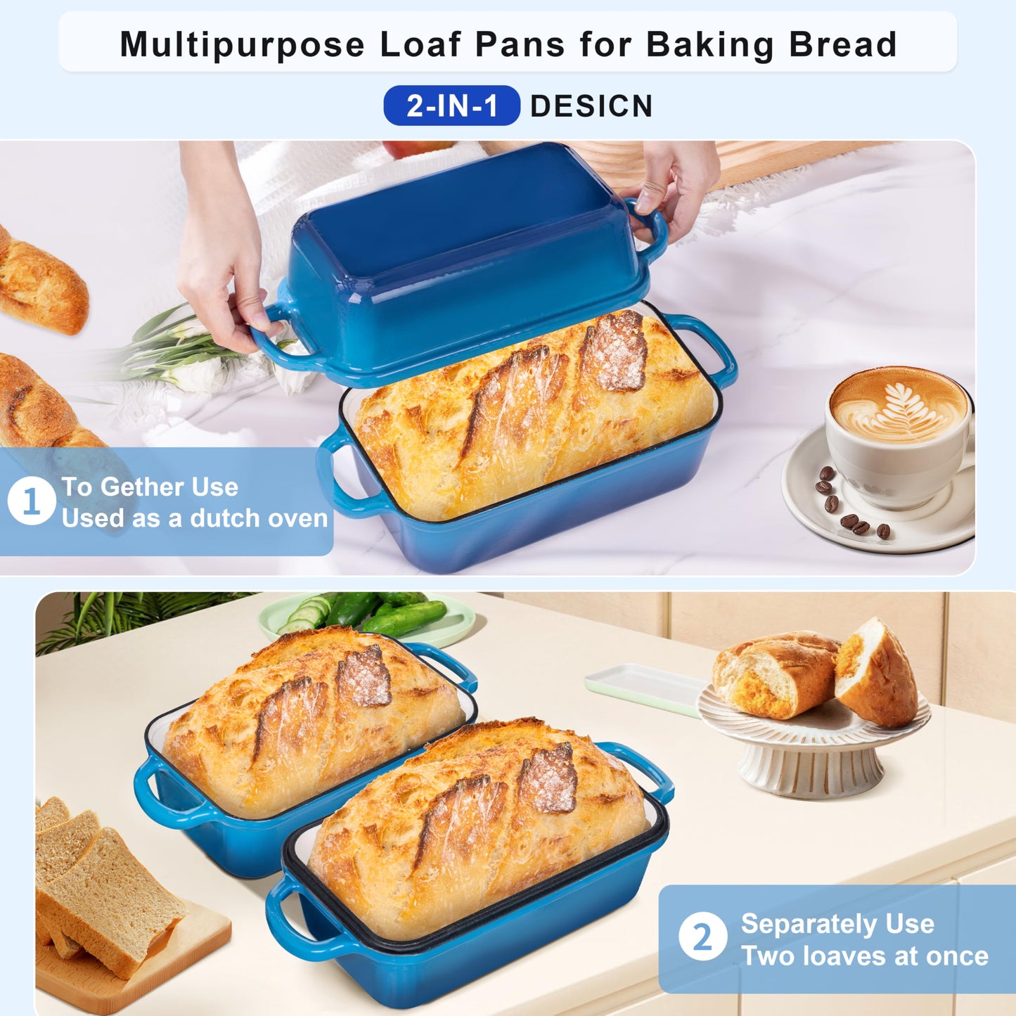 GRMlmosa Cast Iron Loaf Pan with Lid, Loaf Pans for Baking Bread 9x5 Inch, Bread Baking Pan for Homemade Bread|Sourdough with Golden Crispy Crust (Marseille)