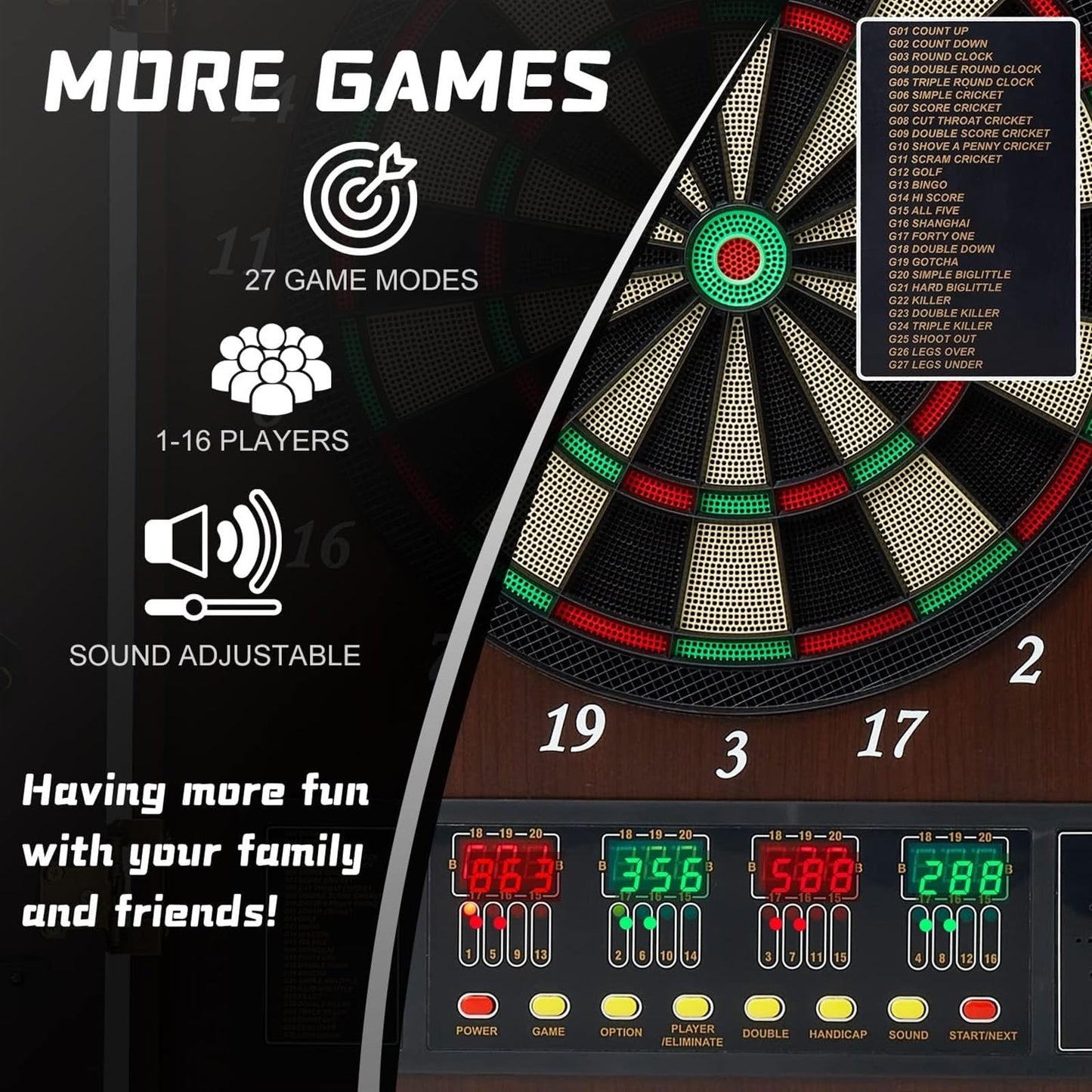 Electric Dartboard Set with Cabinet - Wooden Doors, LED Display, 12 Darts, 88 Soft Tips - 27 Games, up to 16 Players - Automatic Scoring Dart Board