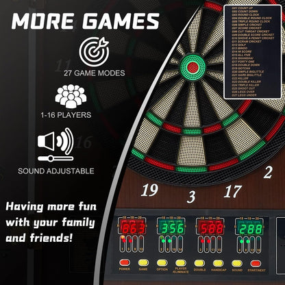 Electric Dartboard Set with Cabinet - Wooden Doors, LED Display, 12 Darts, 88 Soft Tips - 27 Games, up to 16 Players - Automatic Scoring Dart Board