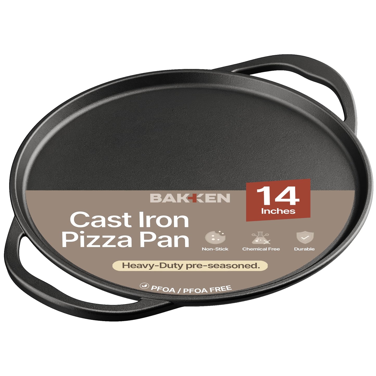Bakken Cast Iron Pizza Pan 14 Inch, Naturally Pre-Seasoned Nonstick Baking Pan, Heavy-Duty for Oven, Grill, Stovetop, or Campfire, Dual Handles, Heat Retention for Crispy Crust Results, Easy to Clean
