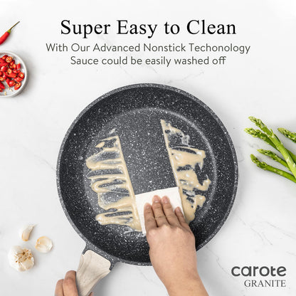 CAROTE Non Stick Frying Pan Skillet Set, Omelet Pan, Healthy Non Toxic Granite Chef Pan, Induction Compatible Egg Frying Pan with Heat-Resistant Handle, PFOA-Free,Black, 8"+10"+12"