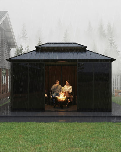 10x14ft Heavy Duty Outdoor Pavilion with Metal Frame, Permanent Solarium Sunroom Kit with PC Windows, Fully Sealed Screen Houses for Backyard, for Patio Winter Garden
