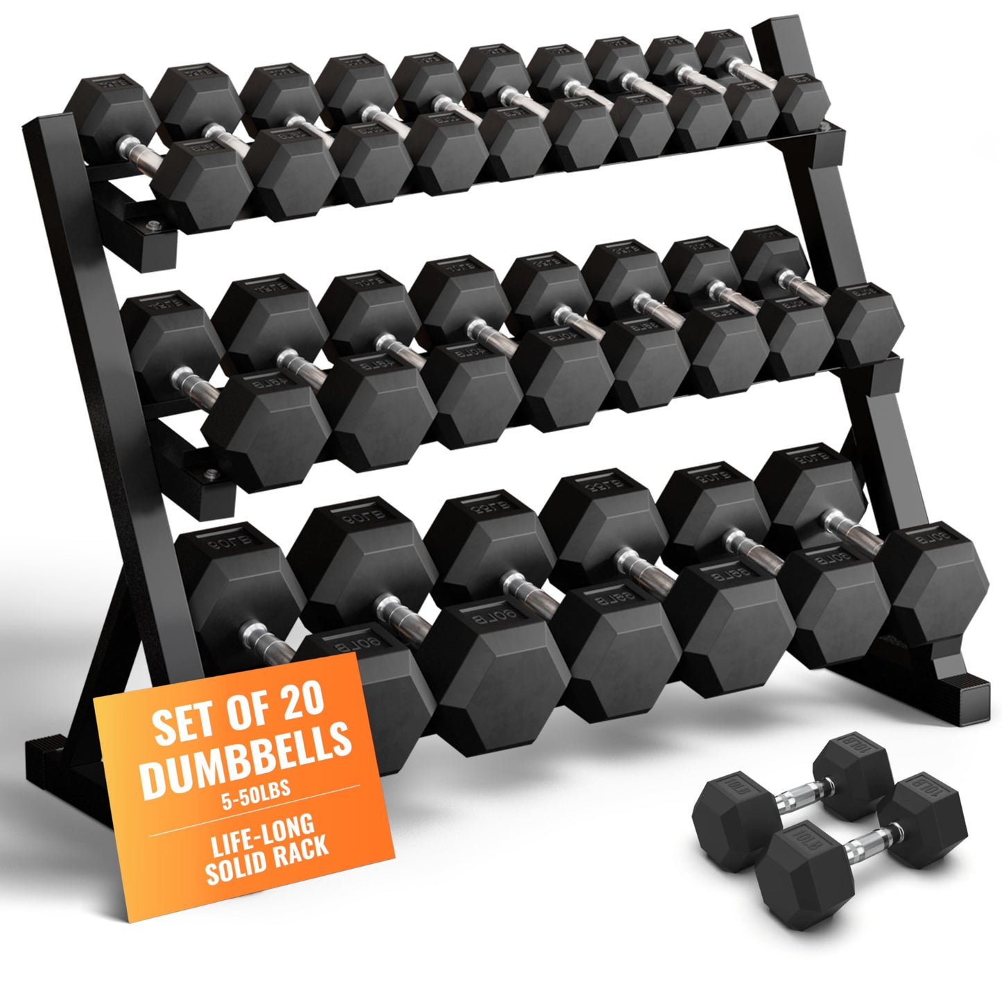 Rubber Hex Dumbbell Set with Rack - 10 Pair of 5-50 lb (550 lbs total) Rubber Coated Dumbbell Set with Weight Rack Stand, Exercise & Fitness Dumbbells Weights Set for Home Gym & Strength Training