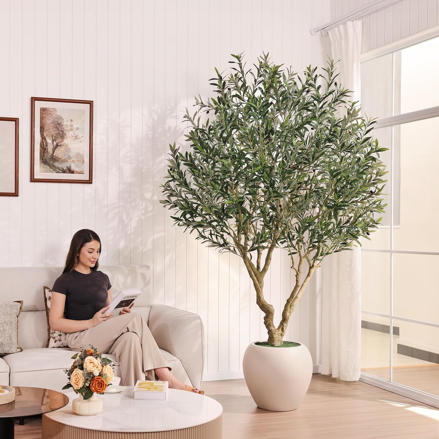 Verinatural Olive Tree Artificial Indoor, 8FT Tall Faux Olive Tree with 18in White Planter, Artificial Plants with Natural Wood Trunk and Lifelike Fruits for Home Office Decor,VN205