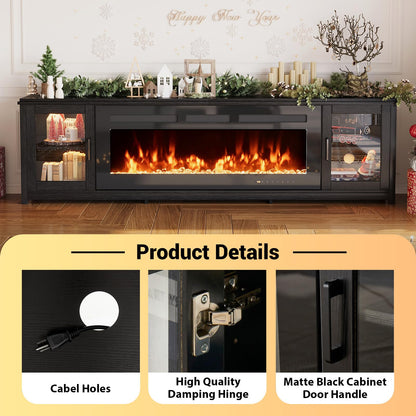 MXV 90" Fireplace TV Stand, Modern Entertainment Center with 60 Inch Electric Fireplace, Adjustable Shelf & Glass Door, Fire Place TV Console for Living Room, Black