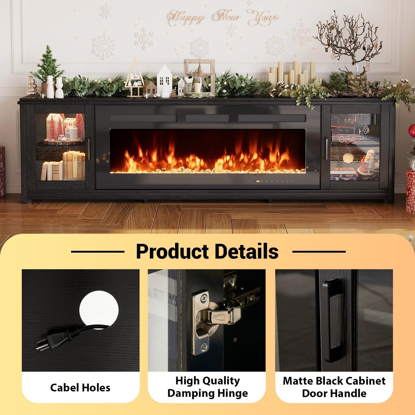 MXV 80" Fireplace TV Stand, Modern Entertainment Center with 50 Inch Smart Fireplace, Adjustable Shelf & Glass Door, Fire Place with WI-FI Enabled, TV Console for Living Room, Black